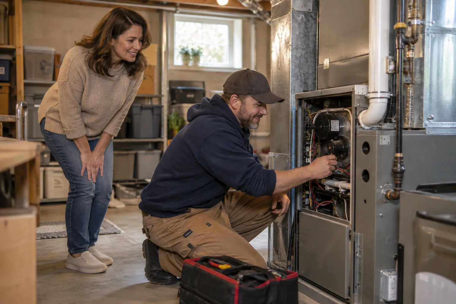 A provider checking a furnace in a home basement in the Denver area