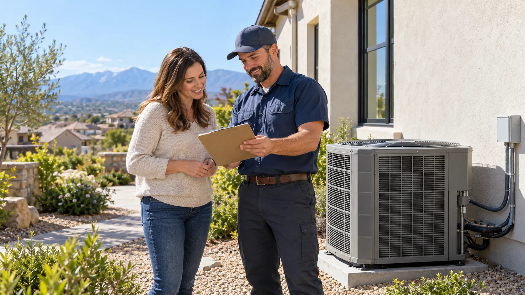 A homeowner talking with an HVAC provider beside an outdoor air conditioner in Denver